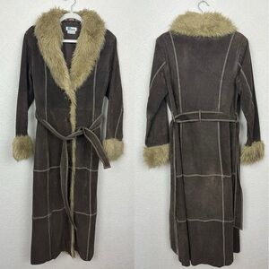 Vintage Penny Lane Pig Split Trench Coat Brown Leather Fur Pea Jacket Retro